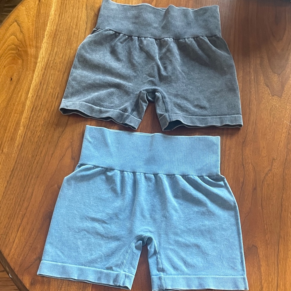 Set of 2 High-Waist Cotton Bike Shorts in Slate Gray and Light Blue